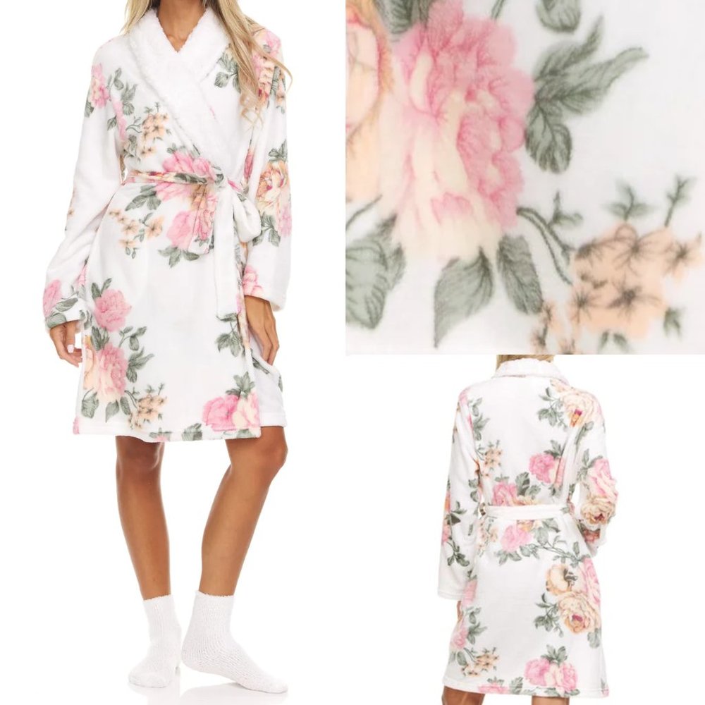 NEW Flora Nikrooz Women Joy White 2 Piece Short Plush Collar Robe & Sock Set